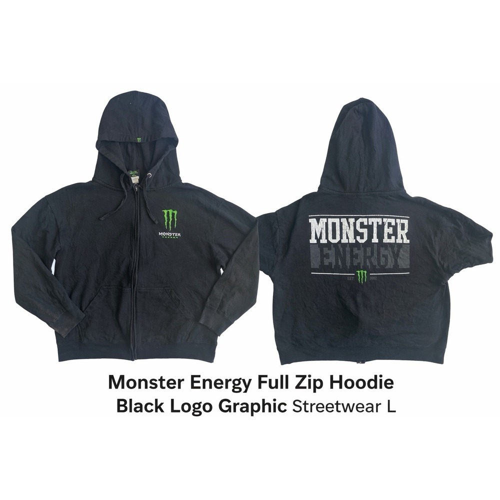 Monster Energy Full Zip Hoodie Size L Black Logo Graphic Skater Streetwear Hype